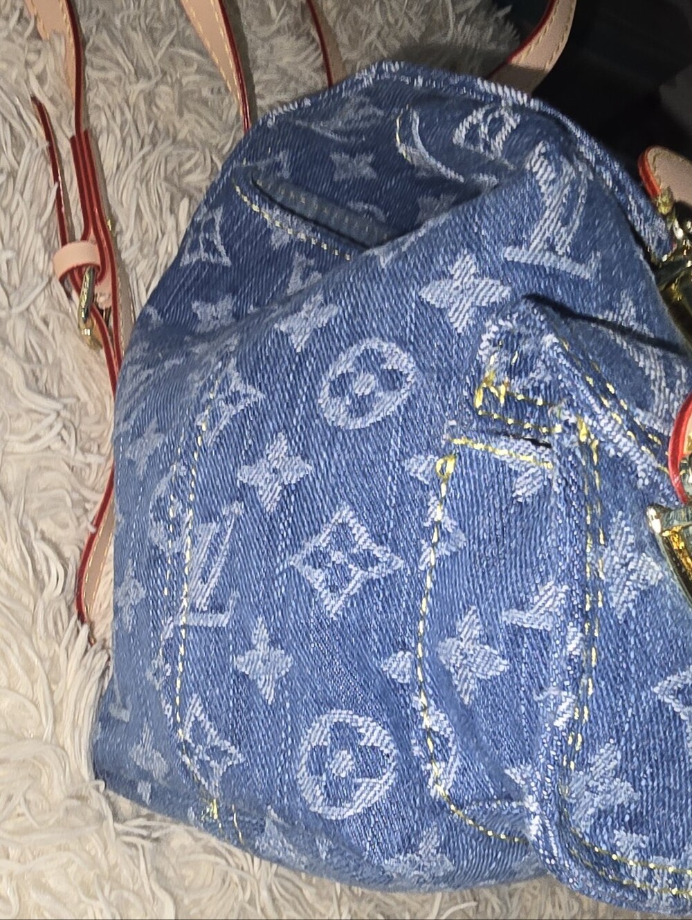 Cotton Remix Blue Monogram Denim Midi Backpack Tan Trim - Picture 15 of 16